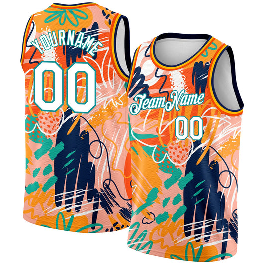 Custom Orange White-Teal 3D Pattern Abstract Hawaii Plant Graffiti Grunge Art Authentic Basketball Jersey - Sky-Custom