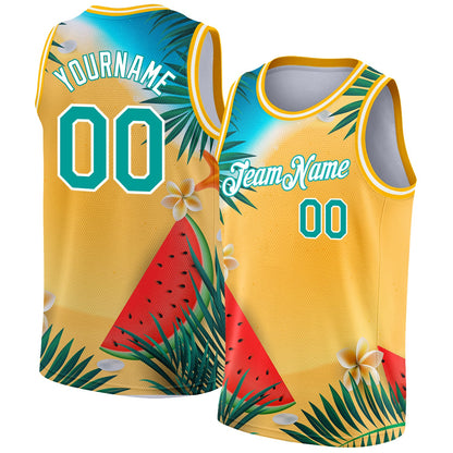 Custom Gold Teal-White 3D Pattern Tropical Beach Hawaii Palm Trees Authentic Basketball Jersey - Sky-Custom