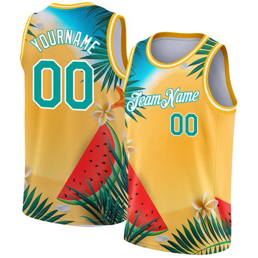 Custom Gold Teal-White 3D Pattern Tropical Beach Hawaii Palm Trees Authentic Basketball Jersey - Sky-Custom