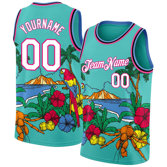 Custom Aqua Pink Light Blue-Black 3D Pattern Tropical Beach Hawaii Palm Trees Authentic Basketball Jersey - Sky-Custom