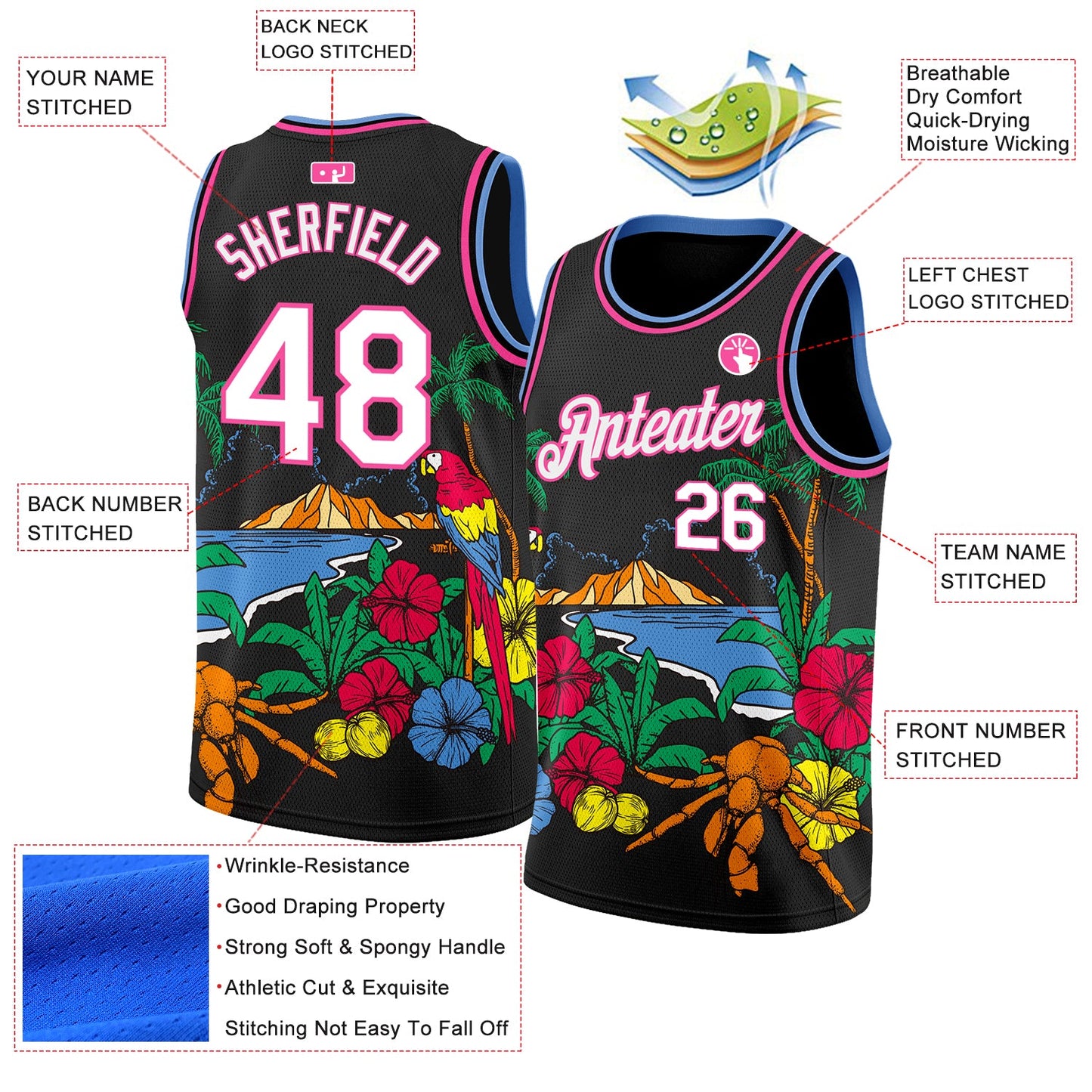 Custom Black White Pink-Light Blue 3D Pattern Tropical Beach Hawaii Palm Trees Authentic Basketball Jersey - Sky-Custom