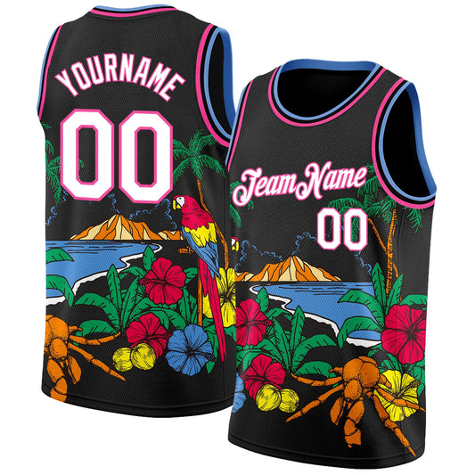 Custom Black White Pink-Light Blue 3D Pattern Tropical Beach Hawaii Palm Trees Authentic Basketball Jersey - Sky-Custom