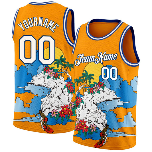 Custom Bay Orange White-Royal 3D Pattern Tropical Beach Hawaii Palm Trees Authentic Basketball Jersey - Sky-Custom