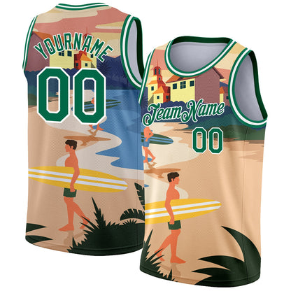 Custom Sand Kelly Green-White 3D Pattern Tropical Beach Hawaii Palm Trees Authentic Basketball Jersey - Sky-Custom