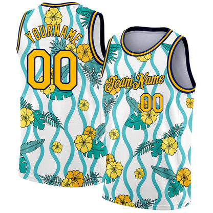 Custom White Gold-Navy 3D Pattern Tropical Hawaii Plant And Flower Authentic Basketball Jersey - Sky-Custom