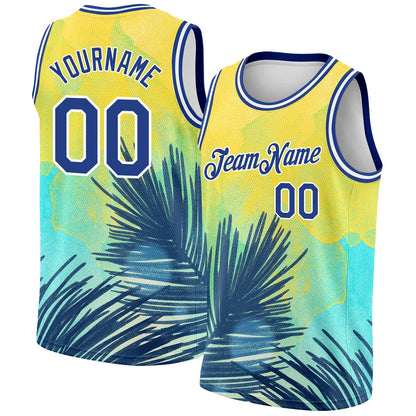 Custom Yellow Royal-White 3D Pattern Tropical Hawaii Leaves Authentic Basketball Jersey - Sky-Custom