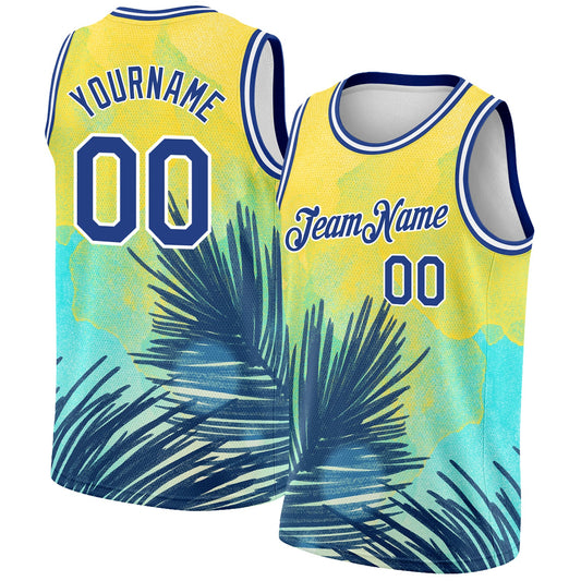 Custom Yellow Royal-White 3D Pattern Tropical Hawaii Leaves Authentic Basketball Jersey - Sky-Custom