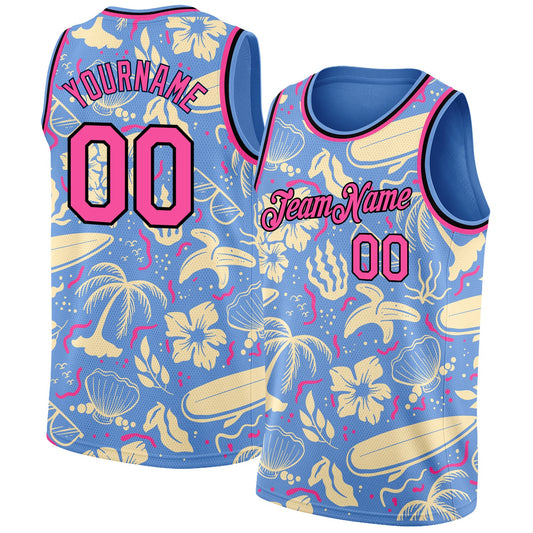 Custom Light Blue Pink-Black 3D Pattern Tropical Hawaii Trees Authentic Basketball Jersey - Sky-Custom