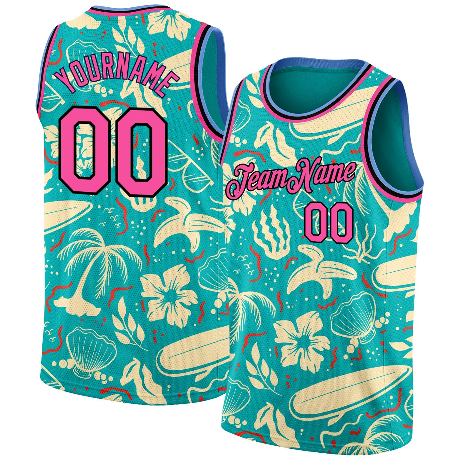 Custom Aqua Pink-Black 3D Pattern Tropical Hawaii Trees Authentic Basketball Jersey - Sky-Custom