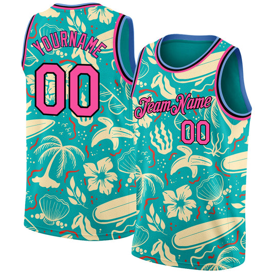 Custom Aqua Pink-Black 3D Pattern Tropical Hawaii Trees Authentic Basketball Jersey - Sky-Custom