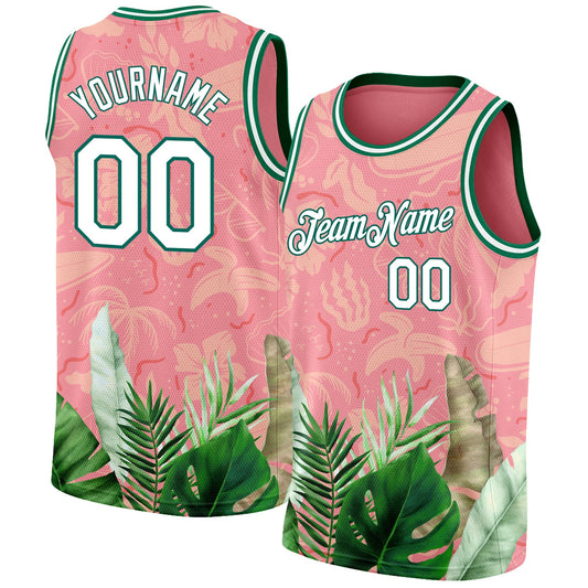 Custom Medium Pink White-Kelly Green 3D Pattern Tropical Hawaii Leaves Authentic Basketball Jersey - Sky-Custom