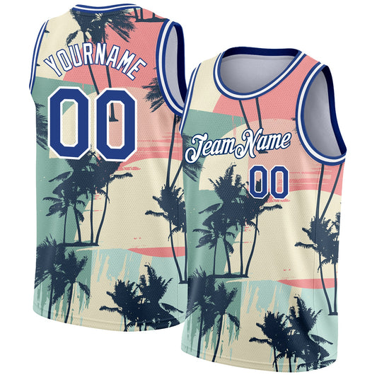 Custom Cream Royal-White 3D Pattern Tropical Hawaii Trees Authentic Basketball Jersey - Sky-Custom
