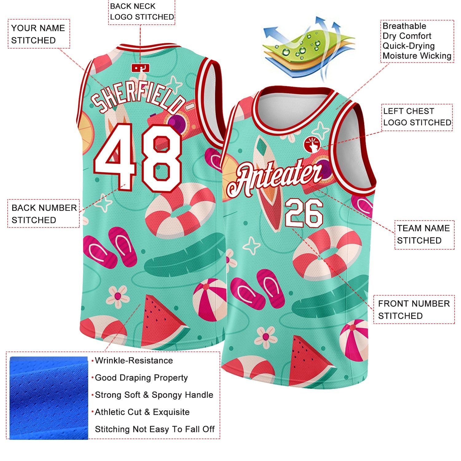 Custom Aqua White-Red 3D Pattern Tropical Hawaii Beach Authentic Basketball Jersey - Sky-Custom