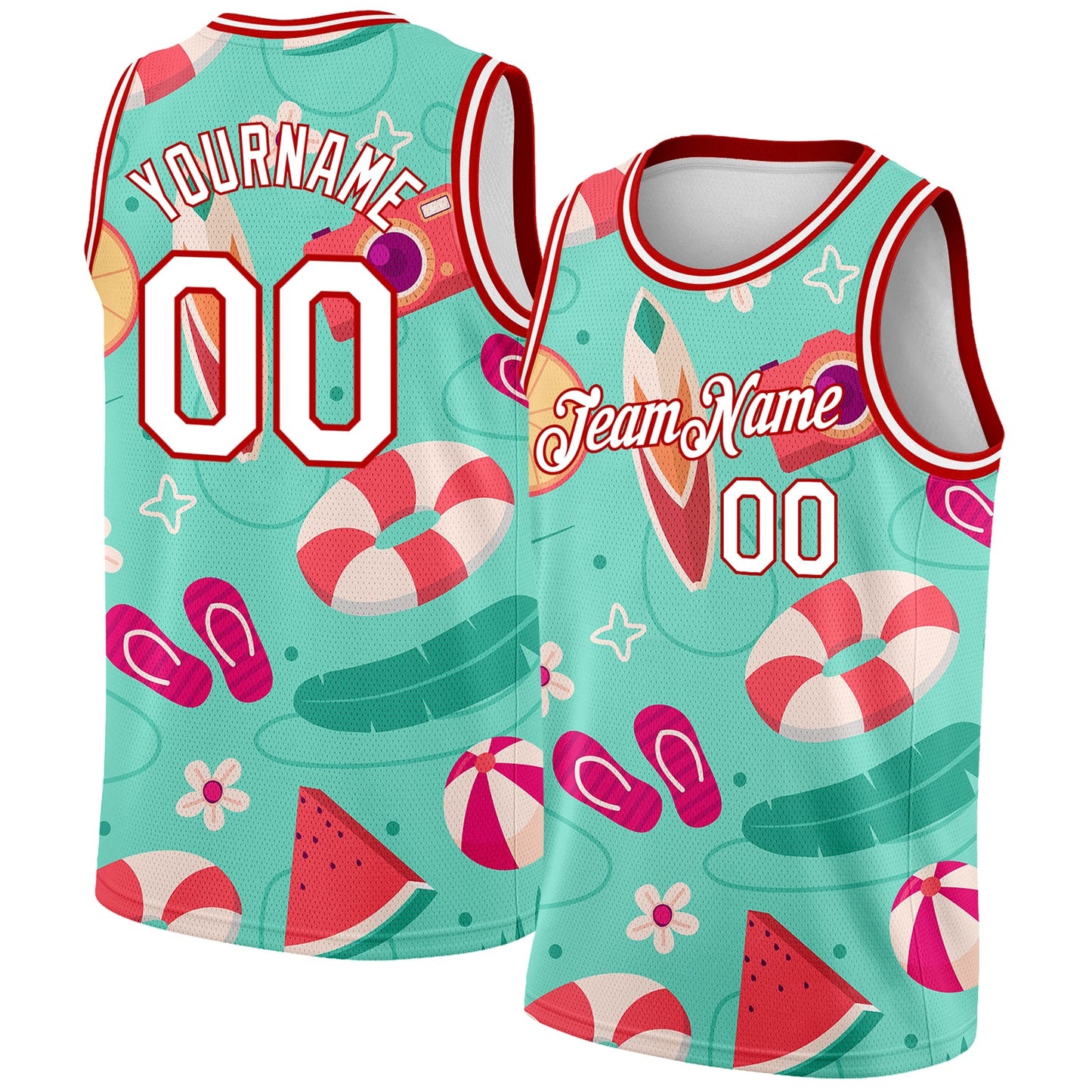 Custom Aqua White-Red 3D Pattern Tropical Hawaii Beach Authentic Basketball Jersey - Sky-Custom