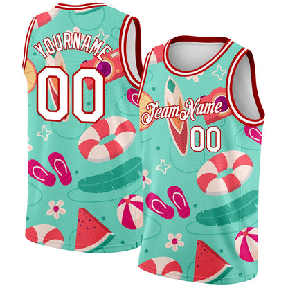 Custom Aqua White-Red 3D Pattern Tropical Hawaii Beach Authentic Basketball Jersey - Sky-Custom