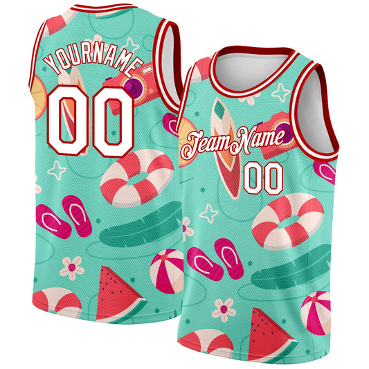 Custom Aqua White-Red 3D Pattern Tropical Hawaii Beach Authentic Basketball Jersey - Sky-Custom