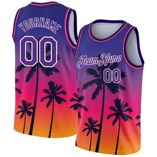 Custom Purple White 3D Pattern Tropical Hawaii Trees Authentic Basketball Jersey - Sky-Custom