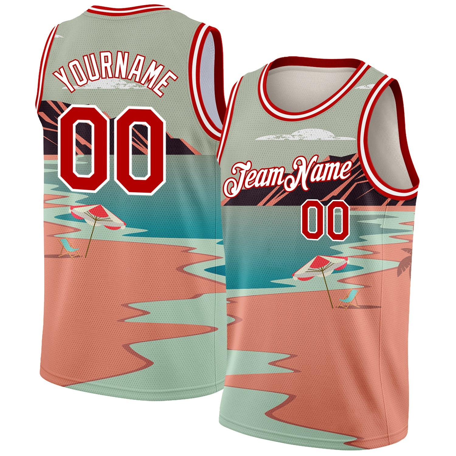 Custom Teal Red-White 3D Pattern Tropical Beach Hawaii Palm Trees Authentic Basketball Jersey - Sky-Custom