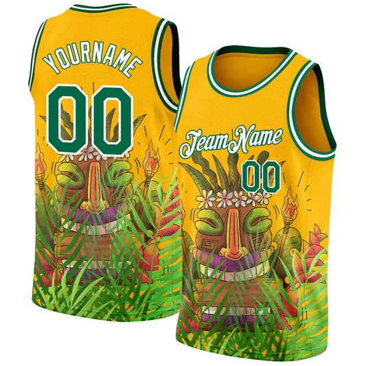 Custom Gold Kelly Green-White 3D Pattern Cartoon Tropical Hawaii Rainforest Authentic Basketball Jersey - Sky-Custom
