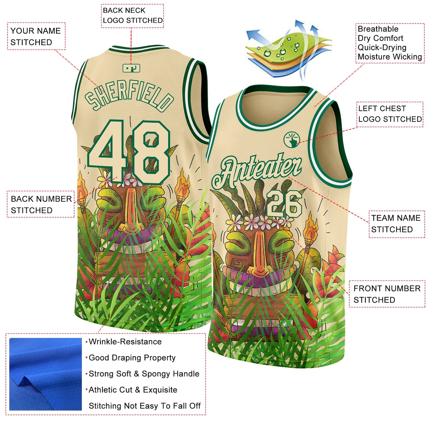 Custom Cream Kelly Green 3D Pattern Cartoon Tropical Hawaii Rainforest Authentic Basketball Jersey - Sky-Custom