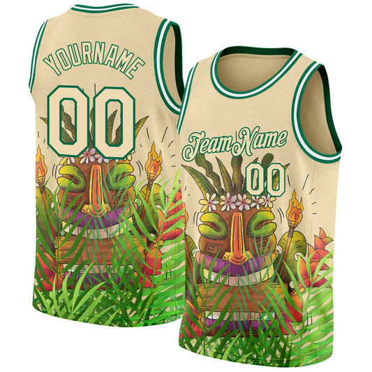 Custom Cream Kelly Green 3D Pattern Cartoon Tropical Hawaii Rainforest Authentic Basketball Jersey - Sky-Custom