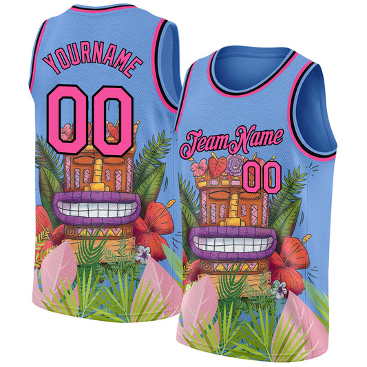 Custom Light Blue Pink-Black 3D Pattern Cartoon Tropical Hawaii Rainforest Authentic Basketball Jersey - Sky-Custom