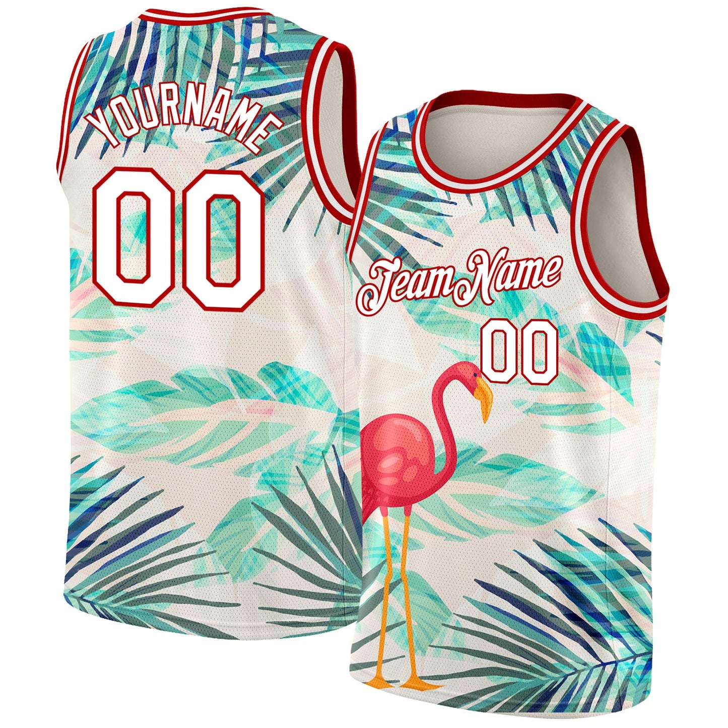 Custom White Red 3D Pattern Tropical Hawaii Leaves And Flamingo Authentic Basketball Jersey - Sky-Custom