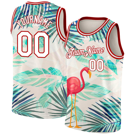 Custom White Red 3D Pattern Tropical Hawaii Leaves And Flamingo Authentic Basketball Jersey - Sky-Custom