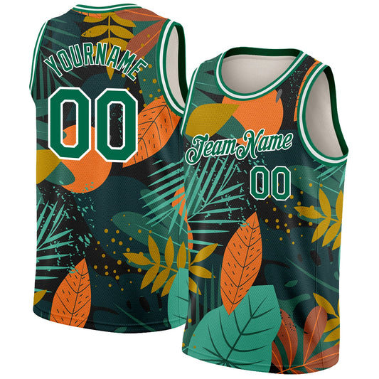 Custom Black Kelly Green-White 3D Pattern Tropical Hawaii Leaves Authentic Basketball Jersey - Sky-Custom