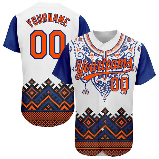 Custom White Orange-Royal 3D Pattern Design Traditional African Ethnic Style Authentic Baseball Jersey - Sky-Custom