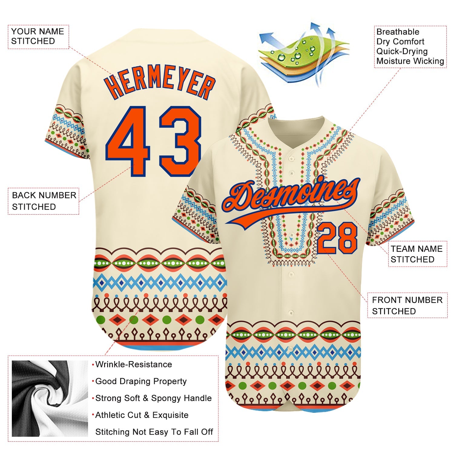 Custom Cream Orange-Royal 3D Pattern Design Traditional African Ethnic Style Authentic Baseball Jersey - Sky-Custom