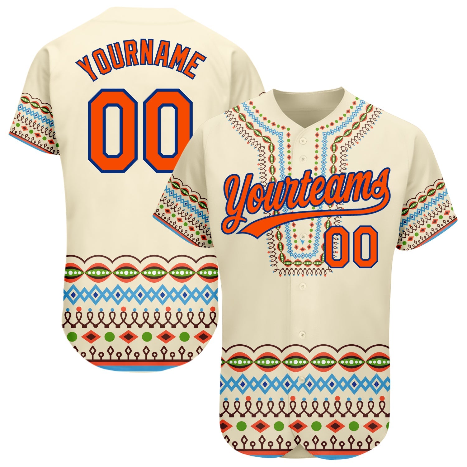 Custom Cream Orange-Royal 3D Pattern Design Traditional African Ethnic Style Authentic Baseball Jersey - Sky-Custom