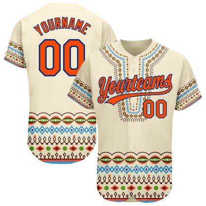 Custom Cream Orange-Royal 3D Pattern Design Traditional African Ethnic Style Authentic Baseball Jersey - Sky-Custom