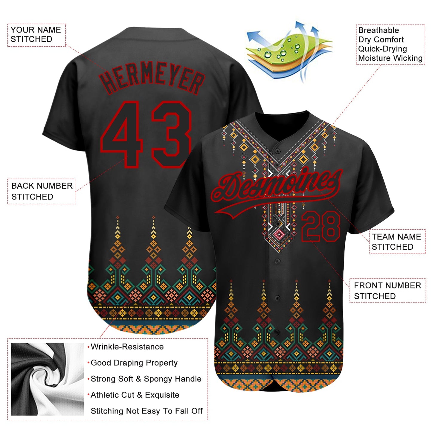 Custom Black Red 3D Pattern Design Traditional African Ethnic Style Authentic Baseball Jersey - Sky-Custom