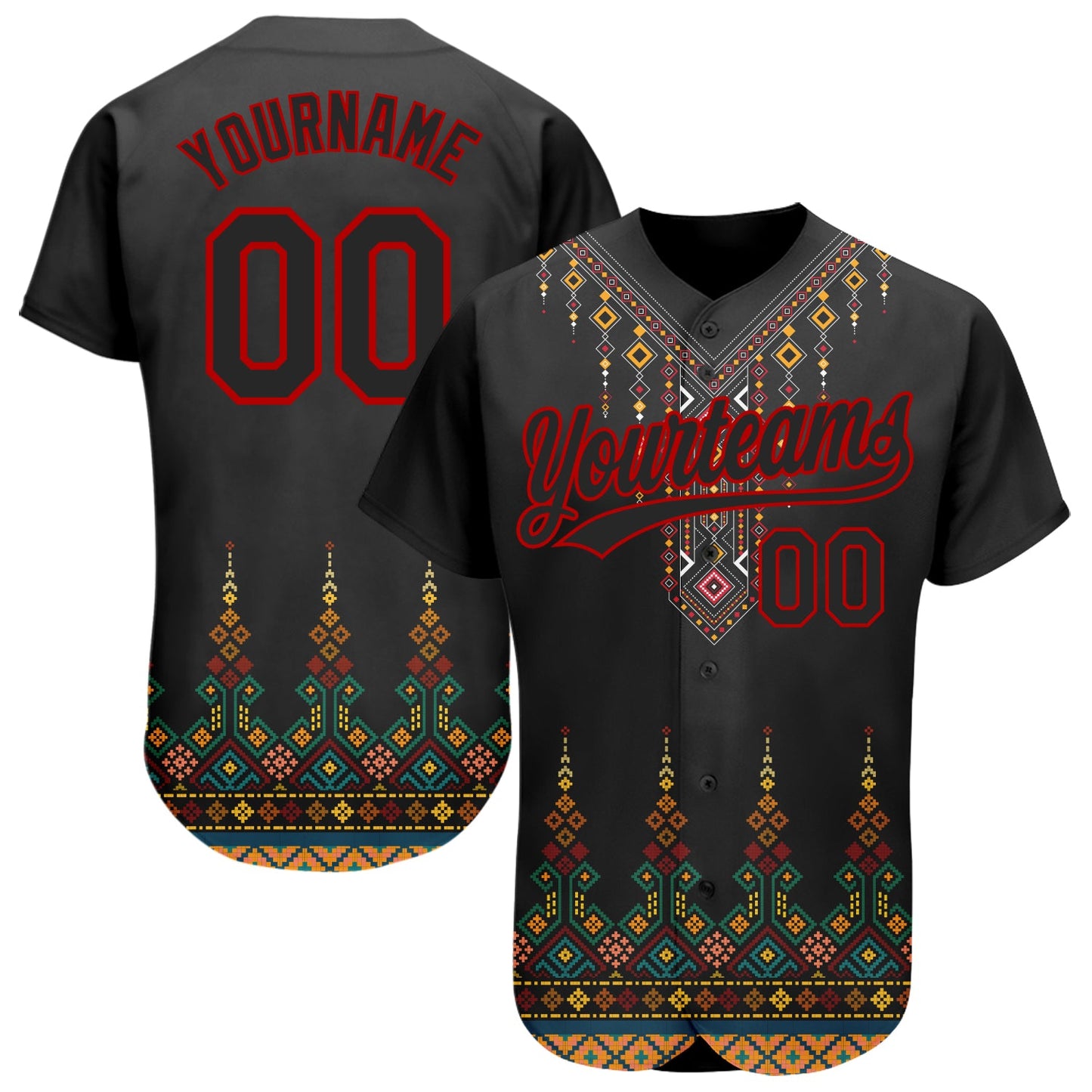 Custom Black Red 3D Pattern Design Traditional African Ethnic Style Authentic Baseball Jersey - Sky-Custom