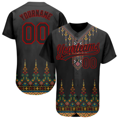 Custom Black Red 3D Pattern Design Traditional African Ethnic Style Authentic Baseball Jersey - Sky-Custom