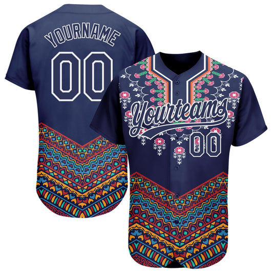 Custom Navy White 3D Pattern Design Vintage Floral African Ethnic Style Authentic Baseball Jersey - Sky-Custom