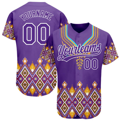 Custom Purple White 3D Pattern Design Traditional African Ethnic Style Authentic Baseball Jersey - Sky-Custom
