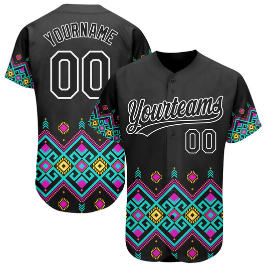 Custom Black White 3D Pattern Design Traditional African Ethnic Style Authentic Baseball Jersey - Sky-Custom