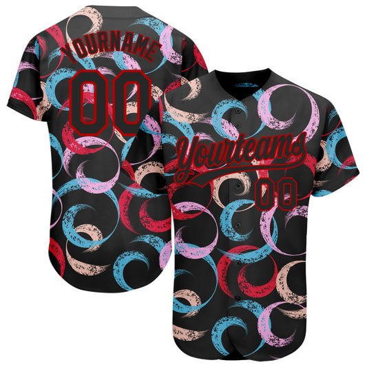 Custom Black Red 3D Pattern Design Abstract Grunge Art Authentic Baseball Jersey - Sky-Custom