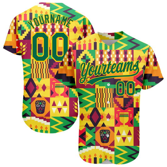 Custom Yellow Kelly Green 3D Pattern Design African Happy Kwanzaa Authentic Baseball Jersey - Sky-Custom