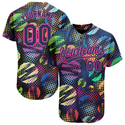 Custom Navy Pink 3D Pattern Design Abstract Halftone Circles Zigzag Style Authentic Baseball Jersey - Sky-Custom