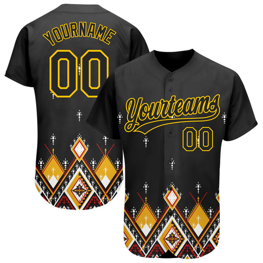 Custom Black Yellow 3D Pattern Design Geometric African Ethnic Style Authentic Baseball Jersey - Sky-Custom