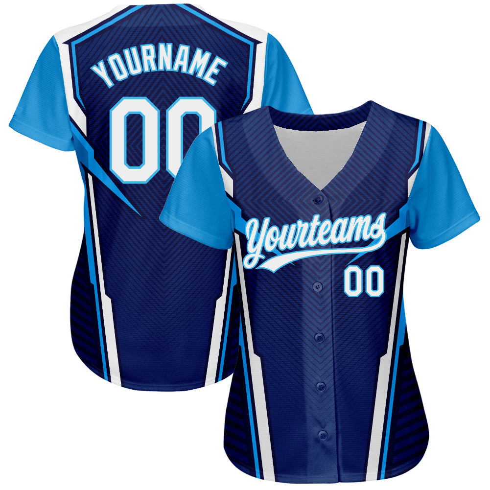 Custom Navy White-Sky Blue 3D Pattern Design Abstract Sport Authentic Baseball Jersey - Sky-Custom