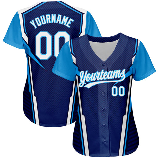 Custom Navy White-Sky Blue 3D Pattern Design Abstract Sport Authentic Baseball Jersey - Sky-Custom