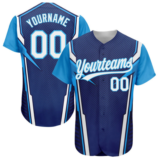 Custom Navy White-Sky Blue 3D Pattern Design Abstract Sport Authentic Baseball Jersey - Sky-Custom