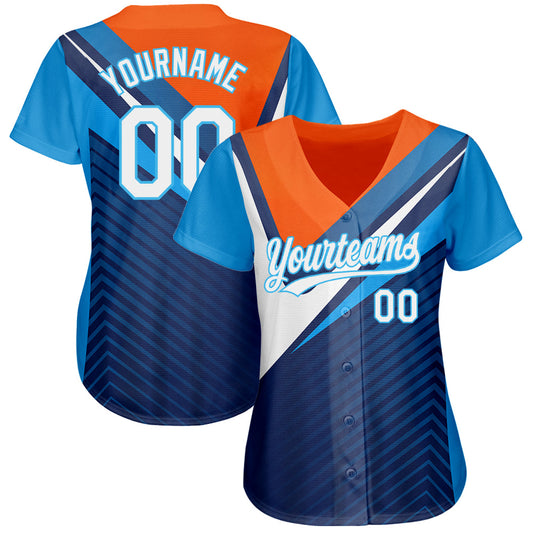 Custom Navy White Orange-Sky Blue 3D Pattern Design Abstract Sport Authentic Baseball Jersey - Sky-Custom