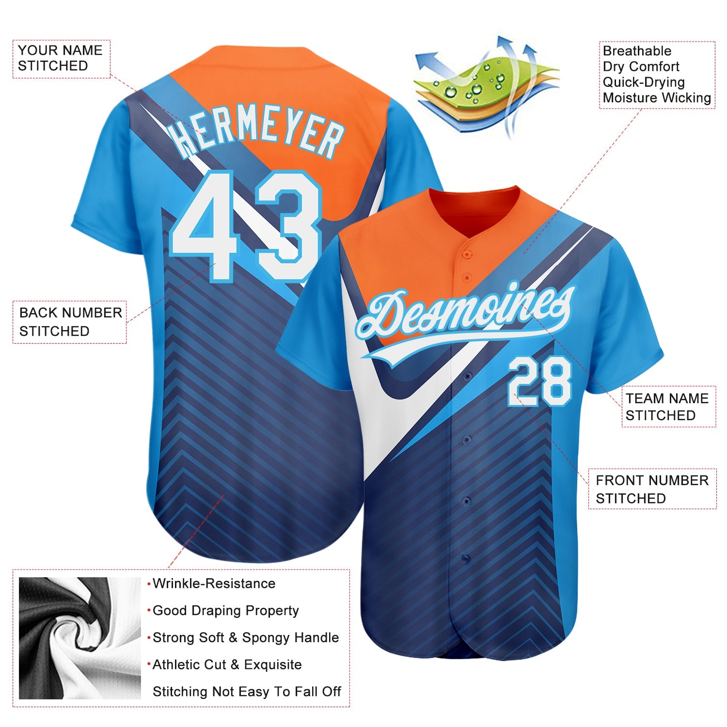 Custom Navy White Orange-Sky Blue 3D Pattern Design Abstract Sport Authentic Baseball Jersey - Sky-Custom