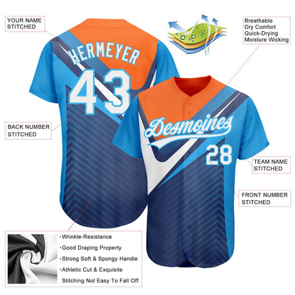 Custom Navy White Orange-Sky Blue 3D Pattern Design Abstract Sport Authentic Baseball Jersey - Sky-Custom