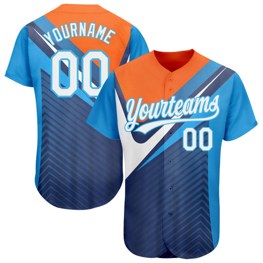 Custom Navy White Orange-Sky Blue 3D Pattern Design Abstract Sport Authentic Baseball Jersey - Sky-Custom